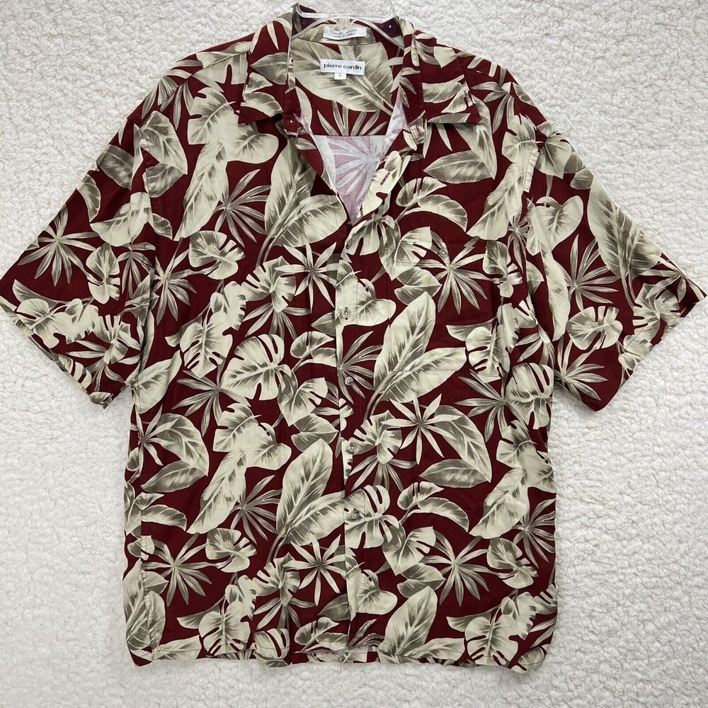 Vintage Pierre Cardin Hawaiian Shirt Maroon/Tan Tropical Made in Korea Sz Large